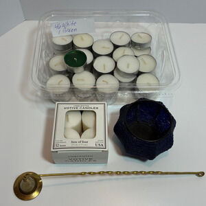 Tea Lights & Votives Bundle of Candles plus brass snuffer and votive holder